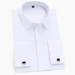 Chemises habillées classiques pour hommes, boutons cachés, poignets français, chemise unie, formelle, coupe standard, manches longues (bouton de manchette inclus)