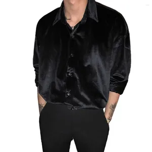 Chemises habillées pour hommes classique en velours à manches longues chemisier coupe ample chemise boutonnée col de bande noir/vin rouge fête T Up