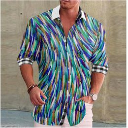 Chemises habillées pour hommes Lignes colorées Impression à carreaux à revers Rue extérieure Vêtements à manches longues Mode Streetwear Designer Casual