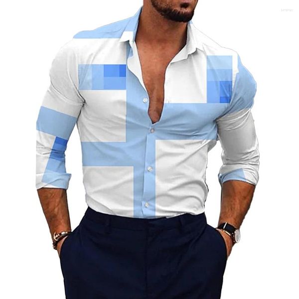 Camisas de vestir para hombres Camisa de moda cómoda Manga larga para hombre Muscle Party T Poliéster Impreso Cuello de banda Botón hacia abajo