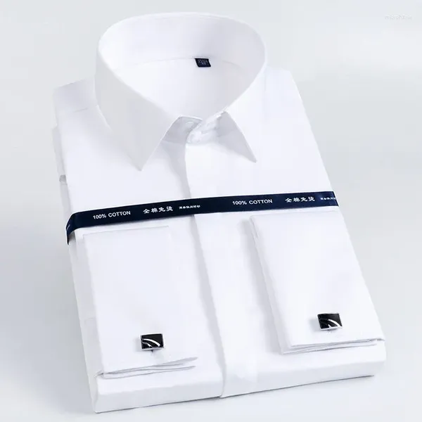 Camisas de vestir para hombres algodón de algodón francés botón cubierto hombres de lujo para bodas brotes de boda camisa de manga larga formal