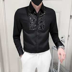 Camisas de vestir para hombre Camisa de diseño Hombre Blanco Negro Manga larga Esmoquin Frente Lentejuelas Slim Fit Top Ropa Boda Fiesta Blusa 230707