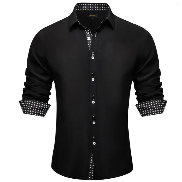 Chemises habillées pour hommes Designer Solide Chemise noire à manches longues Business Casual Social Blouse avec col de manchette contrastant à points blancs