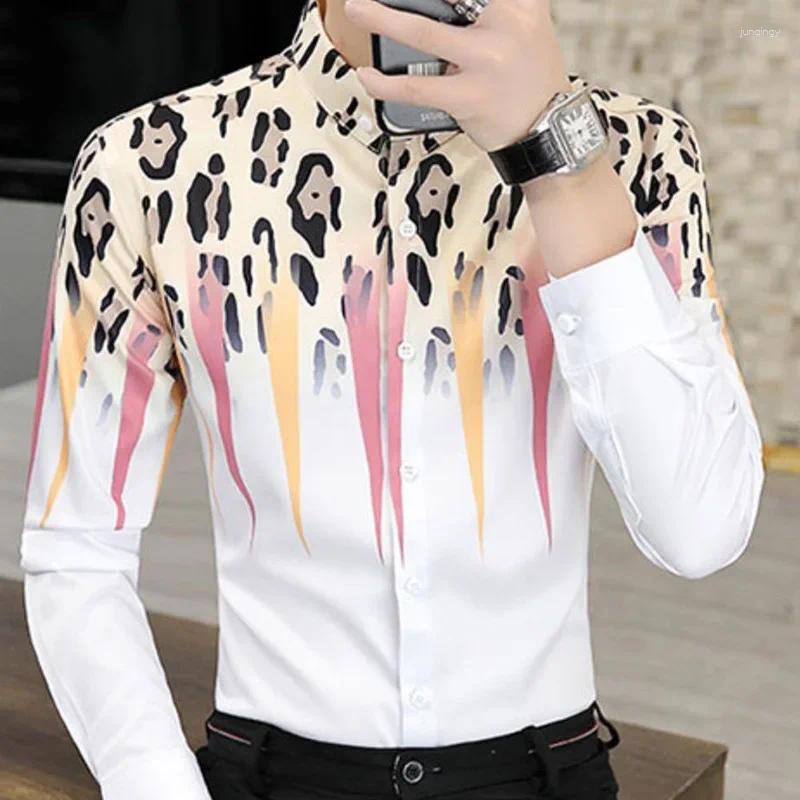 남자 드레스 셔츠 패션 옷깃 버튼 스 플라이 싱 느슨한 인쇄 한국 셔츠 의류 2024 가을 대형 캐주얼 탑 올 매치
