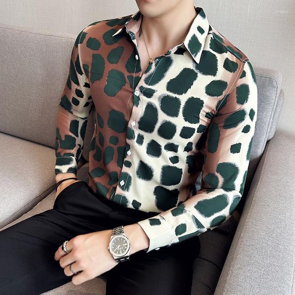 Camisas de vestir para hombres Camisa con estampado de leopardo de moda 2023 Otoño Manga larga Slim Fit Casual Tuxedo Hombre Boda Social Blusa Homme Plus Tamaño