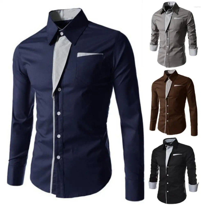 Men's Dress Shirts Fashion Men Shirt Stand Collar Long Sleeve Color Block Button Up Slim Fit Top