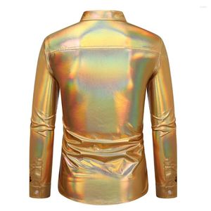 Heren overhemden mode heren overhemd top aantrekkelijk herfst button-down disco goud/zilver/roze revers lange mouw feest sexy glanzend