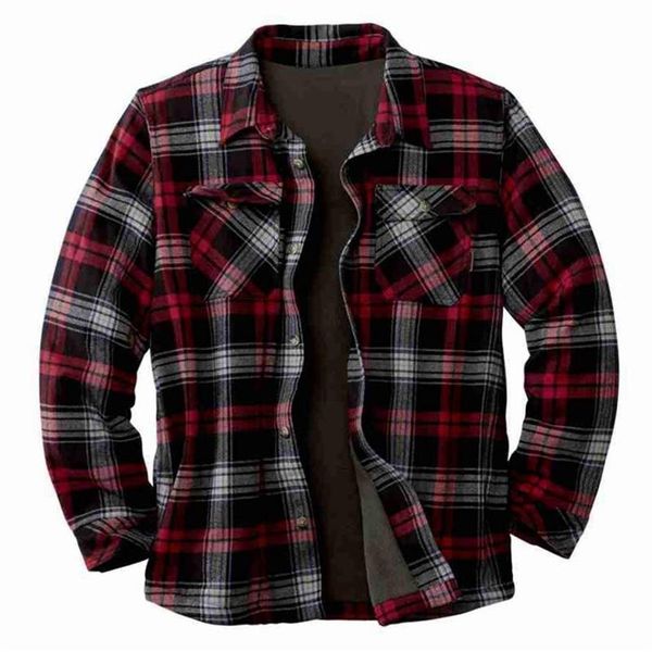 Camisas de vestir para hombres Camisa a cuadros de moda Chaqueta de manga larga Edredón forrado Franela cepillada Cuello de solapa resistente Manga suelta Exterior252K