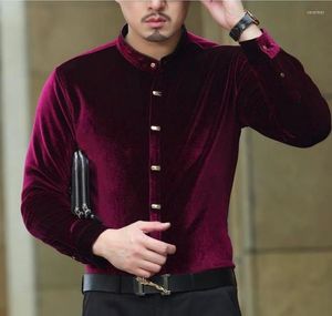 Chemises habillées pour hommes haut tendance à la mode luxe hommes soie formelle col montant noir rouge bleu chemise en velours coupe ajustée goutte Vere22
