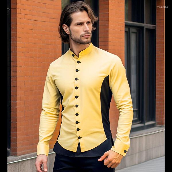 Camisas de vestir para hombres Moda Camisa de remiendo negra amarilla para hombres Cuello alto Fiesta Ropa de boda Cena informal Banquete Prom Chemise