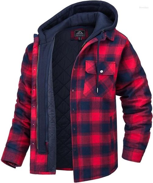 Camisas de vestir para hombre, camisa de franela, chaqueta con capucha extraíble, abrigos de invierno forrados acolchados a cuadros, sudadera gruesa con capucha, prendas de vestir de lana para hombre