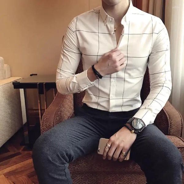Chemises habillées pour hommes pour les hommes Vérifiez l'homme d'affaires chemise Plaid Blanc Hipster avec manches mode 2024 I Tops Original Normal High Quality Luxury