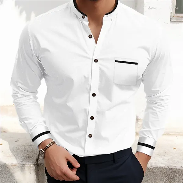 Chemises habillées pour hommes Chemise boutonnée formelle Blanc à manches longues Bloc de couleur Col montant Printemps Bureau Carrière Mariage Tenue de fête Poche