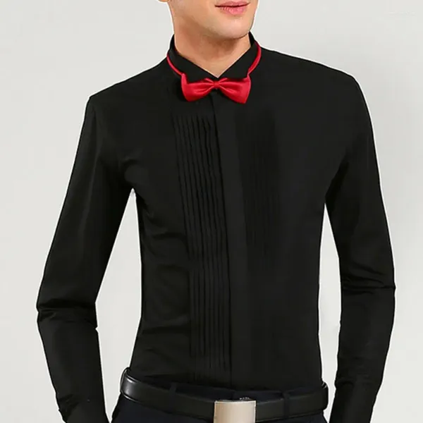 Chemises habillées pour hommes Chemise formelle Vêtements de fête de mariage Couleur unie Haut de marié avec nœuds papillons à manches longues Revers boutonné élégant