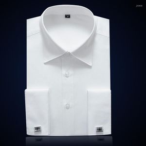 Camisas de vestir para hombres Puño francés para hombre Camisa de negocios formal Sólido Masculino Lujo Blanco Fiesta Boda Esmoquin con gemelos Manga larga