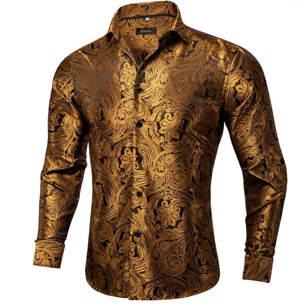 Camisas de vestir para hombres doradas paisley seda para hombres manga larga tuxedo fiesta de boda dibangu