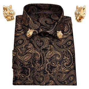 Heren Overhemden Goud Paisley Zijde Heren Overhemden Lange mouw Casual Bloemen Overhemden Voor Heren Overhemden Barry.Wang Designer Leopard Collar Pin 230609