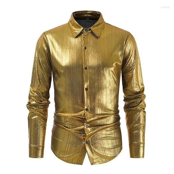 Chemises habillées pour hommes Chemise de smoking brillante à paillettes d'or pour la fête élégante tendance à manches longues mâle scène de mariage bal discothèque chemise