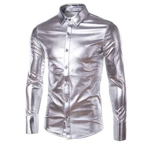 Heren Overhemden Goud Zilver Glanzend Lederen Coating Shirt Mannen Clubwear Mode Lange Mouw Top Button Up Punk Stijl hip Hop 256n