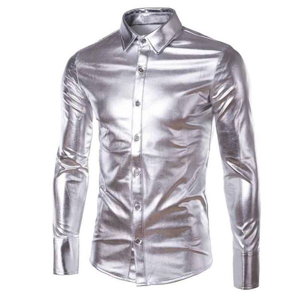 Camisas de vestir para hombres Camisa de revestimiento de cuero brillante de oro plateado Hombres Clubwear Moda Manga larga Top Botón Up Estilo Punk Hip Hop 256n