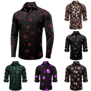 Camisas de vestir para hombres Hi-Tie Negro Rojo Navidad para hombre Seda Primavera Otoño Camisa de solapa de manga larga Blusa ajustada para hombre Diseñador de negocios