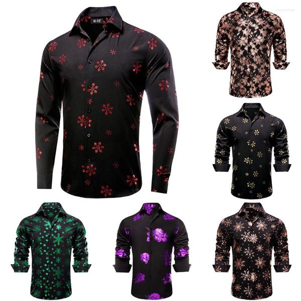 Chemises habillées pour hommes Hi-Tie Noir Rouge Noël Mens Soie Printemps Automne Chemise à manches longues Chemise Slim Fit Blouse pour Homme Business Designer