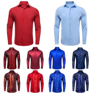 Camisas de vestir para hombre Hi-Tie rojo burdeos azul marino azul real seda hombres solapa Jacquard manga larga traje camisa blusa para hombre boda negocios