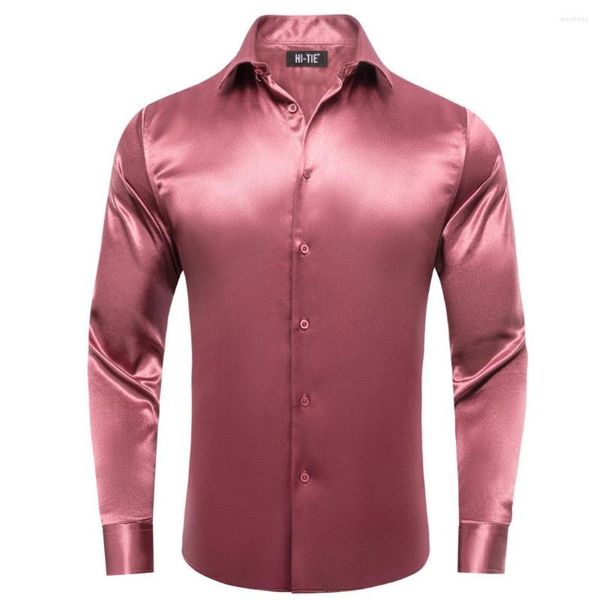 Camisas de vestir para hombres Hi-Tie Red Jacquard Satin Seda sólida para hombre Traje de manga larga Blusa para ropa exterior masculina Boda Eventos de negocios de gran tamaño