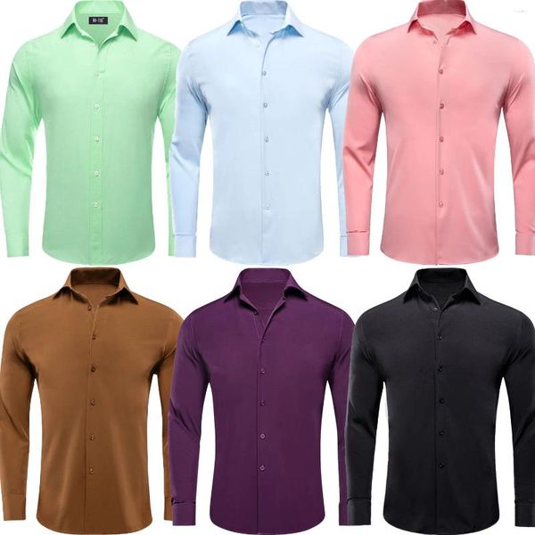 Camisas de vestir para hombres Hi-Tie Primavera Otoño Camisa para hombre Solapa de seda Sólido Manga larga para boda masculina Menta Verde Marrón Negro Azul Rosa Blanco