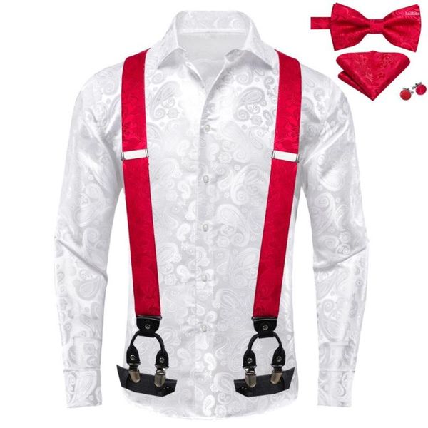 Chemises habillées pour hommes Hi-Tie Blanc Soie Hommes avec bretelles Bowtie Hanky Boutons de manchette Jarretelles Chemise à manches longues Jacquard Homme Mariage Business Prom