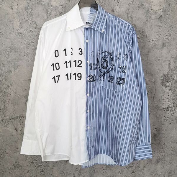 Chemises habillées pour hommes de haute qualité MM6 Margiela Chemise à manches longues Calendrier classique Imprimer Revers Vintage Stripe Couture Couple Top Tee 230826