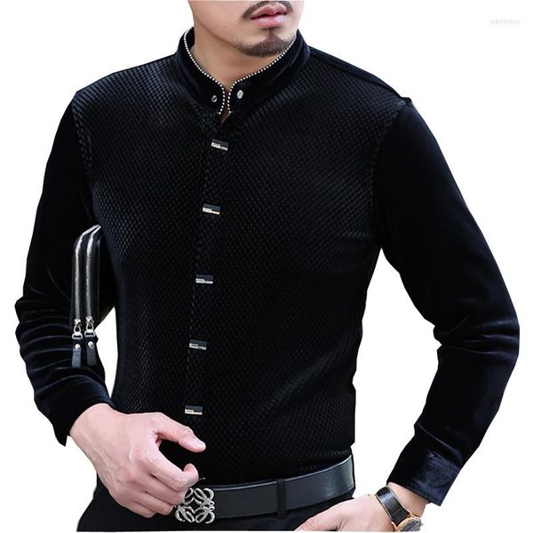 Camisas de vestir para hombre de seda de alta calidad de lujo para hombre con cuello levantado negro azul rojo púrpura camisa de terciopelo Slim Fit suave cómodo hombres Drop Sh