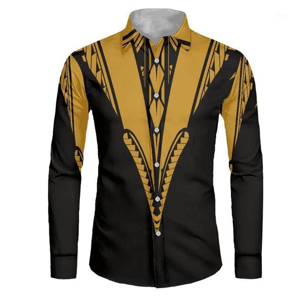 Chemises habillées pour hommes HYCOOL tatouages imprimer jaune Tribal à manches longues chemise hommes polynésien grande taille mariage formel col 2022