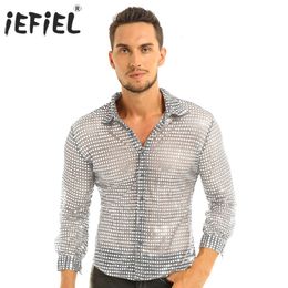 Chemises habillées pour hommes iEFiEL Mode pour hommes Costumes holographiques Vêtements Paillettes brillantes Voir à travers Mesh Clubwear Soirée Danse Performance Top Shirt 230707