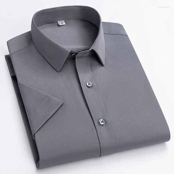 Camisas de vestir para hombres en camisa de verano de manga corta delgada para hombres Slim Fit Formal Plain Solid Office Tops Elástico Blanco Ropa negra