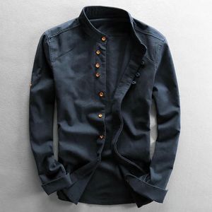 Camisas de vestir para hombres Estilo japonés Camisa de algodón de lino para hombre Harajuku Cuello alto Manga larga Slim Fit Color sólido Masculino Casual Transpirable Tops clásicos 231129