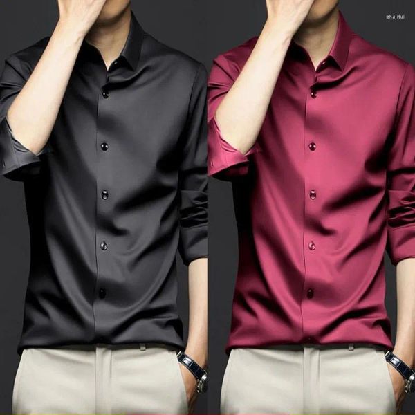 Camisas de vestir para hombres Moda coreana Hombres Manga larga Lisa Primavera Verano Streetwear Oversize Slim Vino Rojo Oficina de negocios Casual Social
