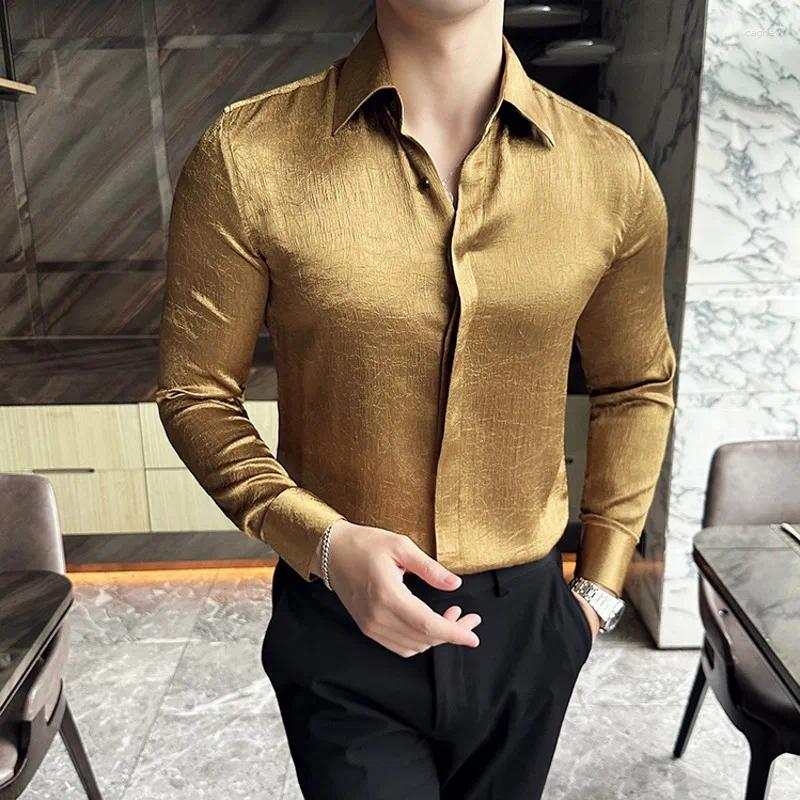 Men's Dress Shirts Korean Style Tuxedo Long Sleeve Bright Color Luxury Clothing Gold Black White Casual Slim Fit Blouse Male