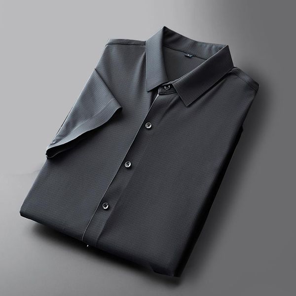 Camisas de vestir para hombre, camisa coreana de verano de lujo de negocios con gofres de seda helada de alta elasticidad, camisa de diseño ajustado de manga corta sin costuras