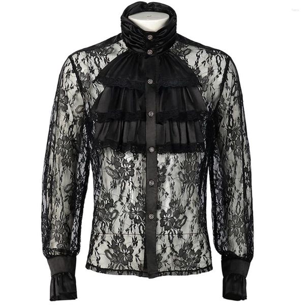 Chemises habillées pour hommes dentelle florale vintage et chemisiers solide noir gothique manches longues bouffantes victorienne médiévale col à volants chemise hauts