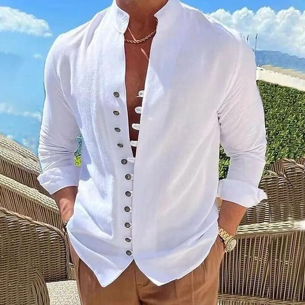 Camisas de vestir para hombres Botón de lino para hombres Camisa casual Verano de un solo pecho Ropa de vacaciones de manga larga Chemise Homme