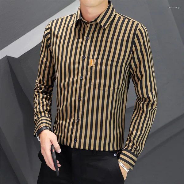 Camisas de vestir para hombres Camisa de manga larga Polo con estampado de rayas verticales Otoño 2024 Ropa étnica retro informal de negocios en talla asiática M-5XL