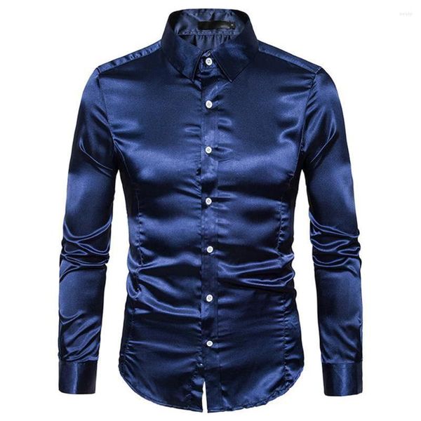 Camisas De Vestir Para Hombres Blusas Y Lujo Para Hombres Satén Brillante Color Sólido Negocios Formales Manga Larga De Un Solo Pecho Tops Sociales Camisa Ropa