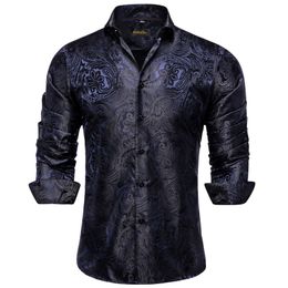 Mannen Overhemden Luxe Blauw Zwart Paisley Zijde voor Mannen Lange Mouw Bruiloft Prom Tuxedo Shirt Casual Designer Kleding 230707