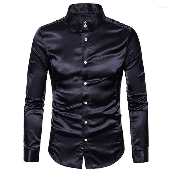 Camisas de vestir de lujo para hombre, camisa de esmoquin lisa de seda satinada negra para hombre, camisa ajustada informal para fiesta de boda y graduación para hombre