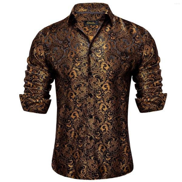 Camisas de vestir de lujo para hombre, camisetas de manga larga de poliéster de seda Paisley dorada, camisa con botones para fiesta de boda, ropa de diseñador