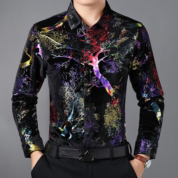 Chemises habillées pour hommes luxe or velours décontracté imprimé chemise à manches longues hommes brillant smoking camisa masculina 230707