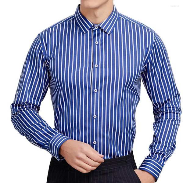 Chemises habillées pour hommes Hommes de luxe 120S 2-Ply Coton Chemise à rayures à manches longues Mens Business Pinstripe Bleu Blanc Design