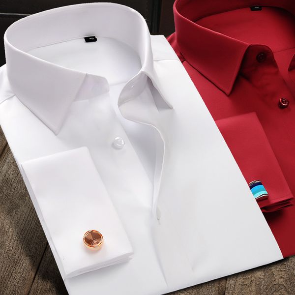 Chemises habillées pour hommes de luxe en coton mercerisé chemises à boutons de manchette françaises à manches longues hommes chemise de mariage de smoking chemise de haute qualité avec boutons de manchette 230620