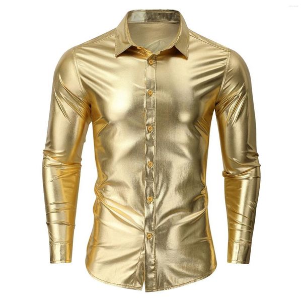Camisas de vestir para hombres de lujo metálico dorado brillante retro 70's discoteca club nocturno ropa de fiesta tendencia fiesta banquete boda chemise homme